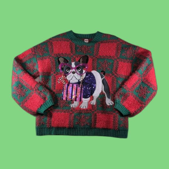 Holiday Time Ugly Christmas Sweater MEDIUM Adult Unisex Frenchie Pug Dog - Picture 1 of 8
